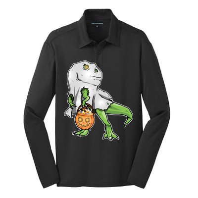 Funny T-Rex Ghost Pumpkin Candy  Silk Touch Performance Long Sleeve Polo