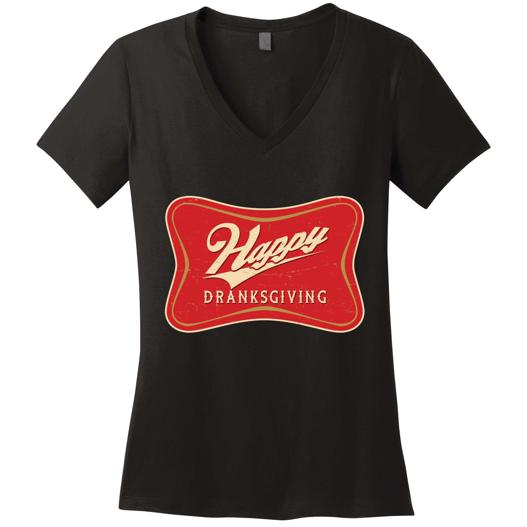 Funny Thanksgiving Happy Dranksgiving Beer Label Women's V-Neck T-Shirt