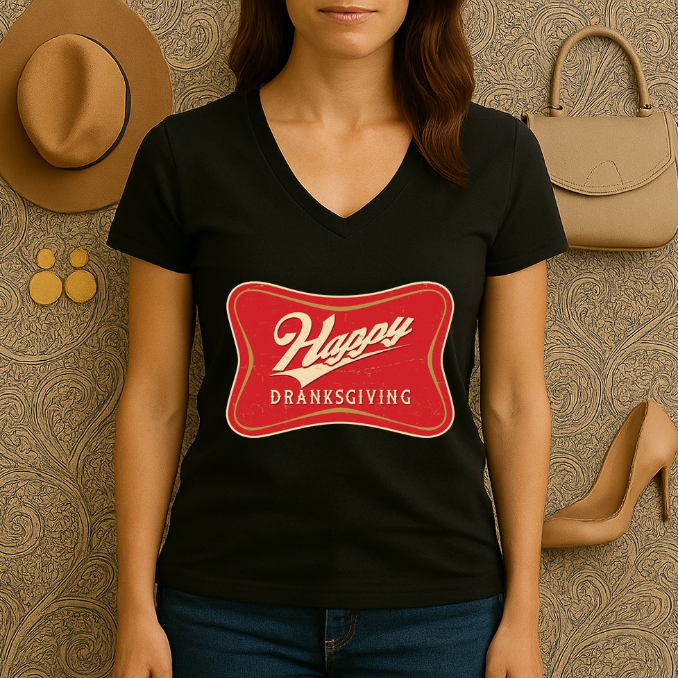 Funny Thanksgiving Happy Dranksgiving Beer Label Women's V-Neck T-Shirt