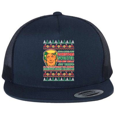 Funny Trump Ugly Christmas Sweater Flat Bill Trucker Hat