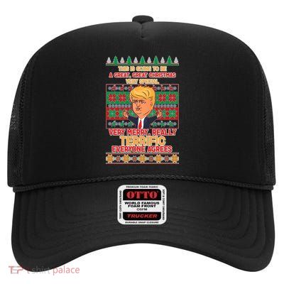 Funny Trump Very Merry Ugly Christmas Sweater High Crown Mesh Back Trucker Hat