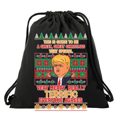 Funny Trump Very Merry Ugly Christmas Sweater Drawstring Bag