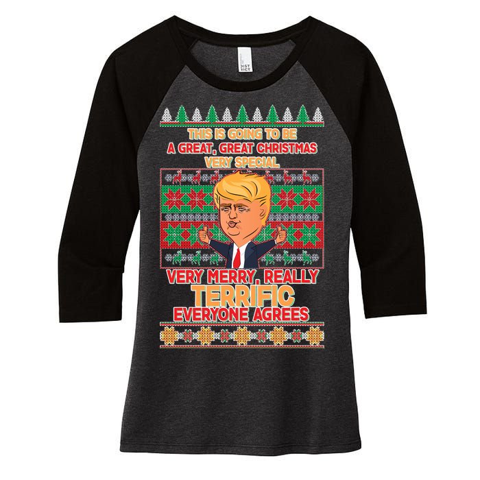 Funny Trump Very Merry Ugly Christmas Sweater Women's Tri-Blend 3/4-Sleeve Raglan Shirt