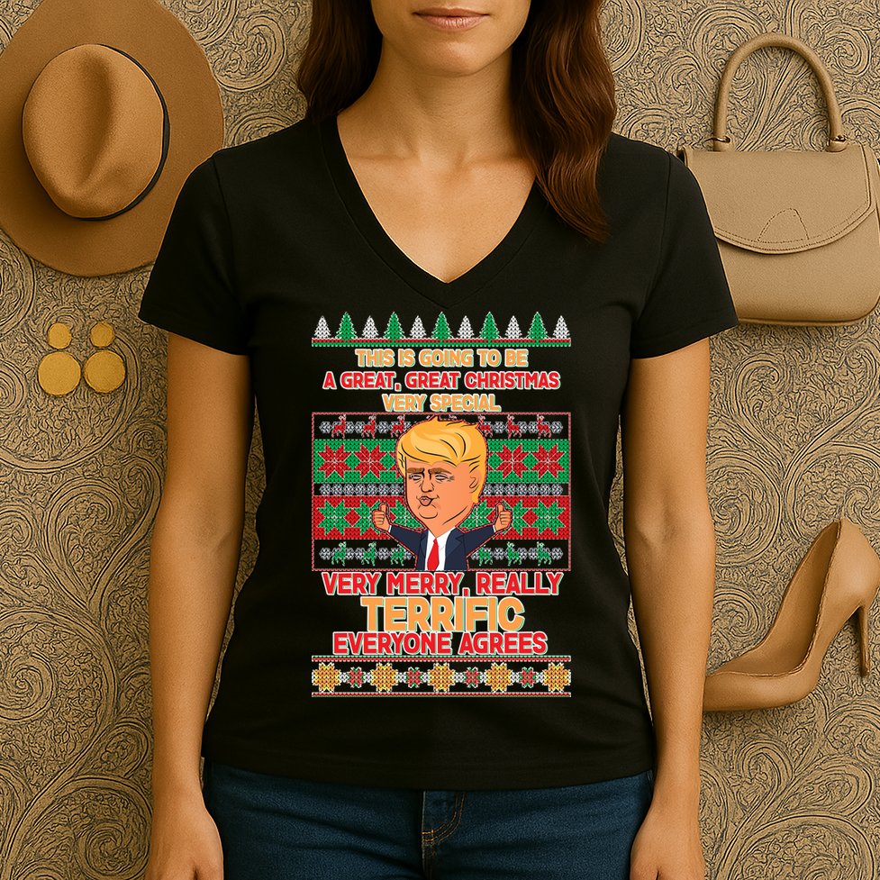 Funny Trump Very Merry Ugly Christmas Sweater Women's V-Neck T-Shirt