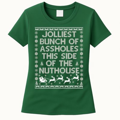 Funny Ugly Christmas Sweater Jolliest Bunch of Asshole Nuthouse Womens T-Shirt