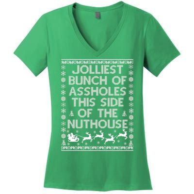 Funny Ugly Christmas Sweater Jolliest Bunch of Asshole Nuthouse Women's V-Neck T-Shirt