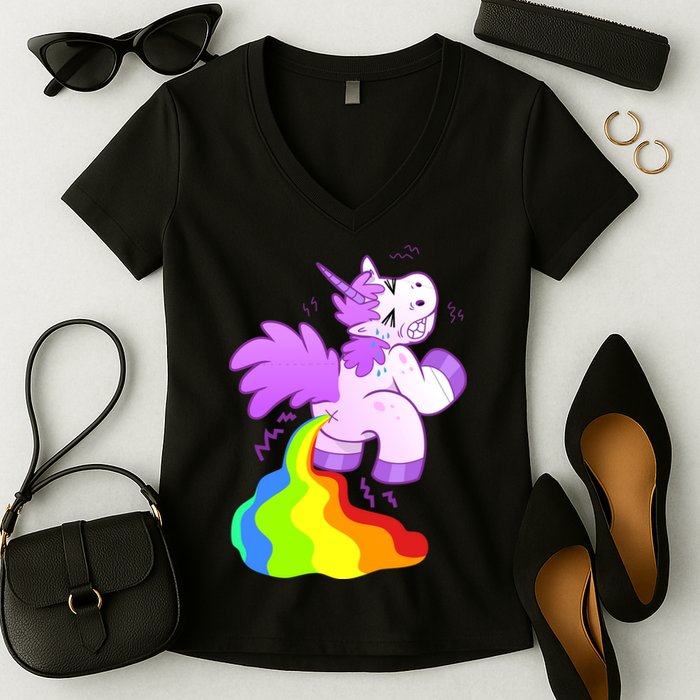 Funny Unicorn Pooping A Rainbow Women's V-Neck T-Shirt
