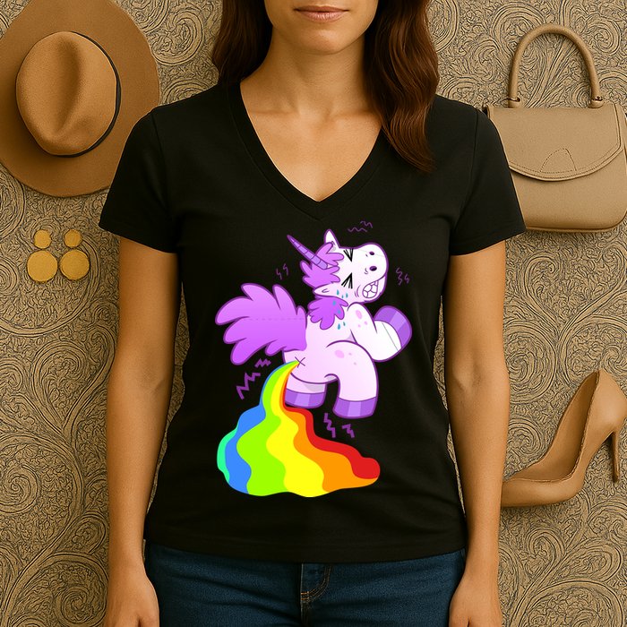 Funny Unicorn Pooping A Rainbow Women's V-Neck T-Shirt