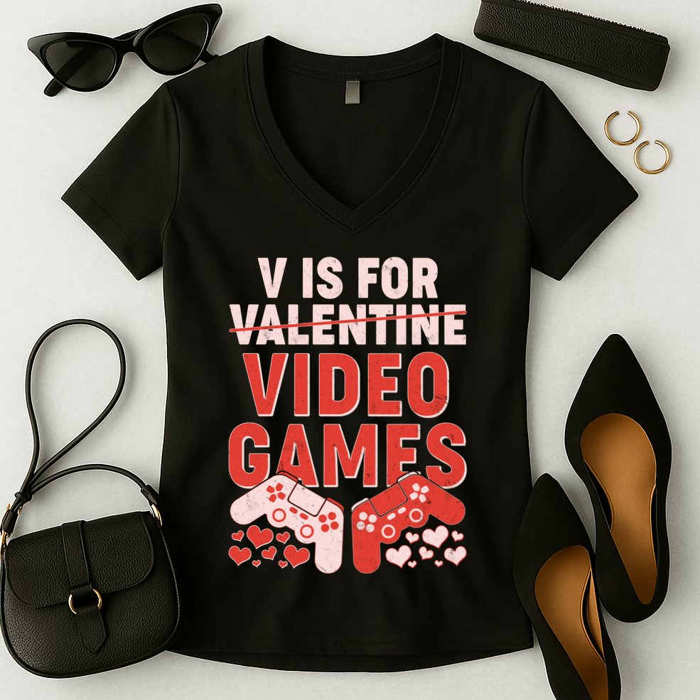 Funny V is For Video Games Gaming Fan Women's V-Neck T-Shirt