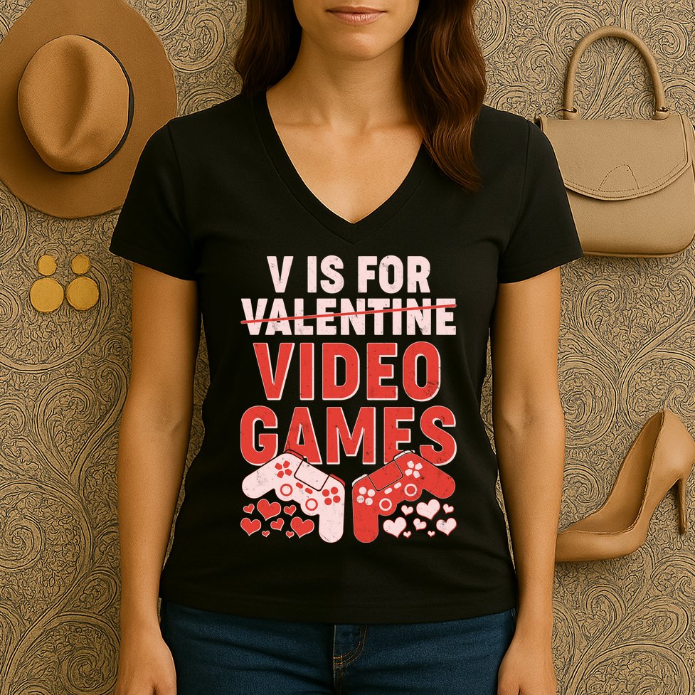 Funny V is For Video Games Gaming Fan Women's V-Neck T-Shirt