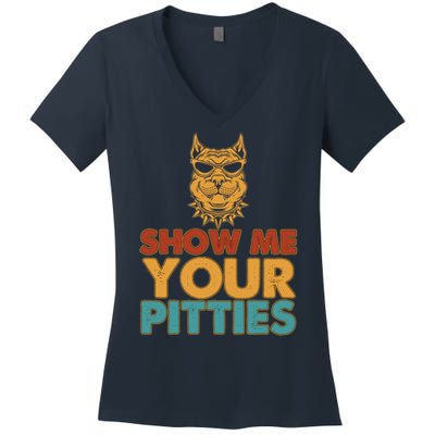 Funny Vintage Colors Show Me Your Pitties Pit Bull Women's V-Neck T-Shirt