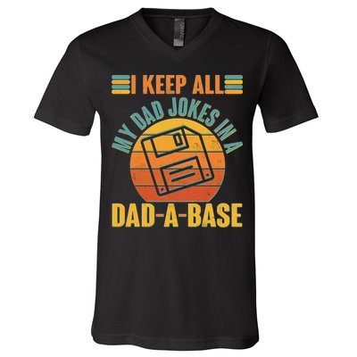 Funny Vintage I Keep All My Dad Jokes In A Dad-A-Base V-Neck T-Shirt