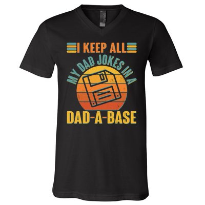 Funny Vintage I Keep All My Dad Jokes In A Dad-A-Base V-Neck T-Shirt