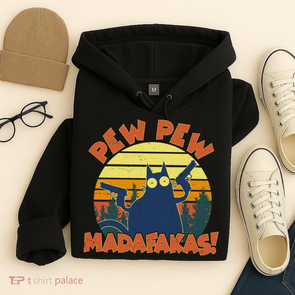 Funny Vintage Pew Pew Madafakas Gun Cat Hoodie