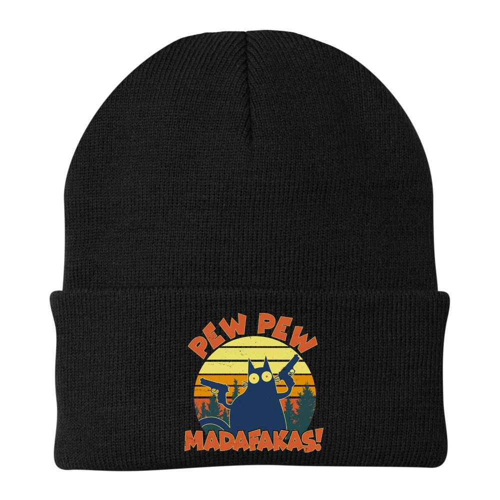 Funny Vintage Pew Pew Madafakas Gun Cat Beanie