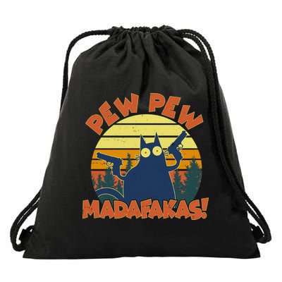 Funny Vintage Pew Pew Madafakas Gun Cat Drawstring Bag