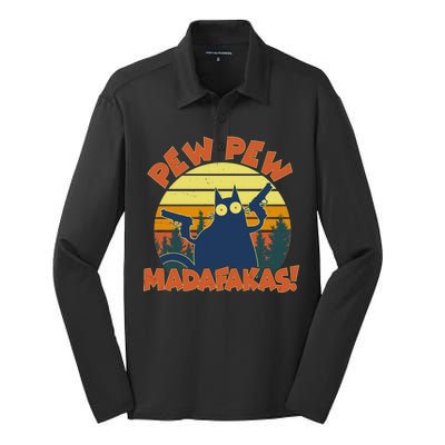 Funny Vintage Pew Pew Madafakas Gun Cat Silk Touch Performance Long Sleeve Polo