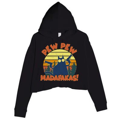 Funny Vintage Pew Pew Madafakas Gun Cat Crop Fleece Hoodie