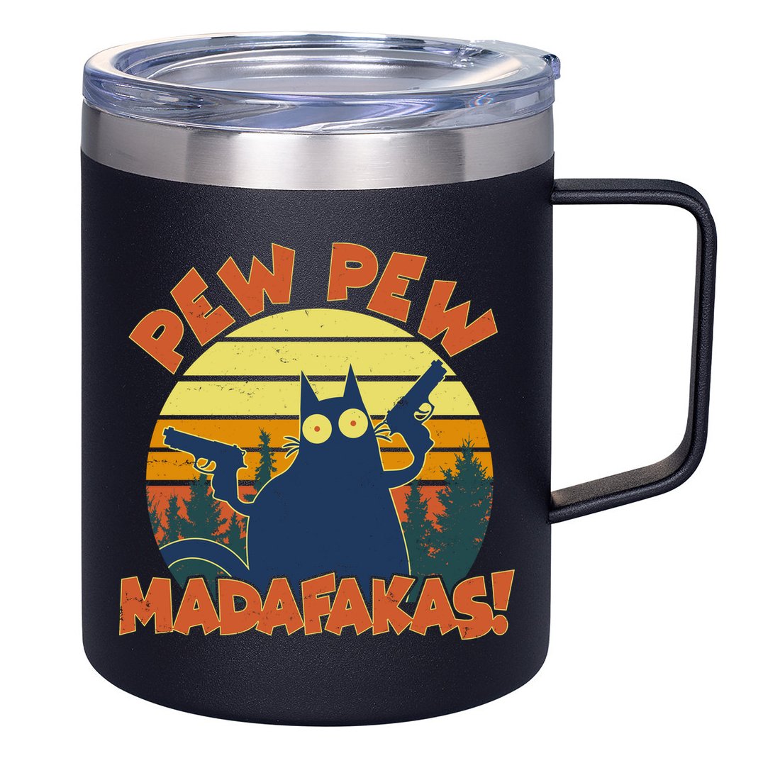 Funny Vintage Pew Pew Madafakas Gun Cat 12oz Stainless Steel Coffee Mug