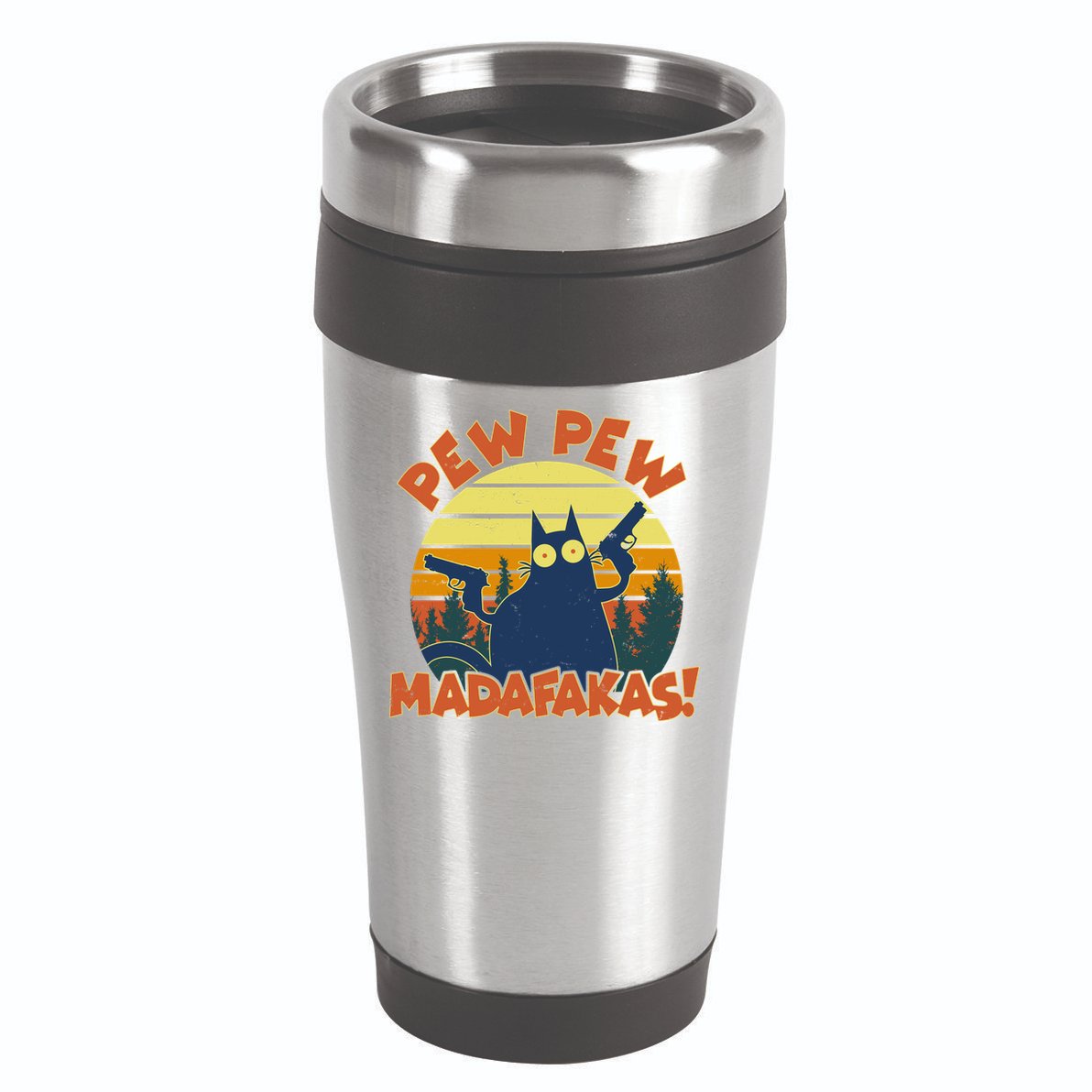 Funny Vintage Pew Pew Madafakas Gun Cat 16oz Travel Tumbler