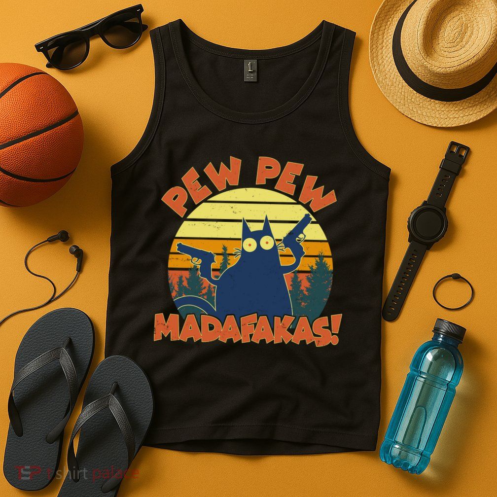 Funny Vintage Pew Pew Madafakas Gun Cat Tank Top