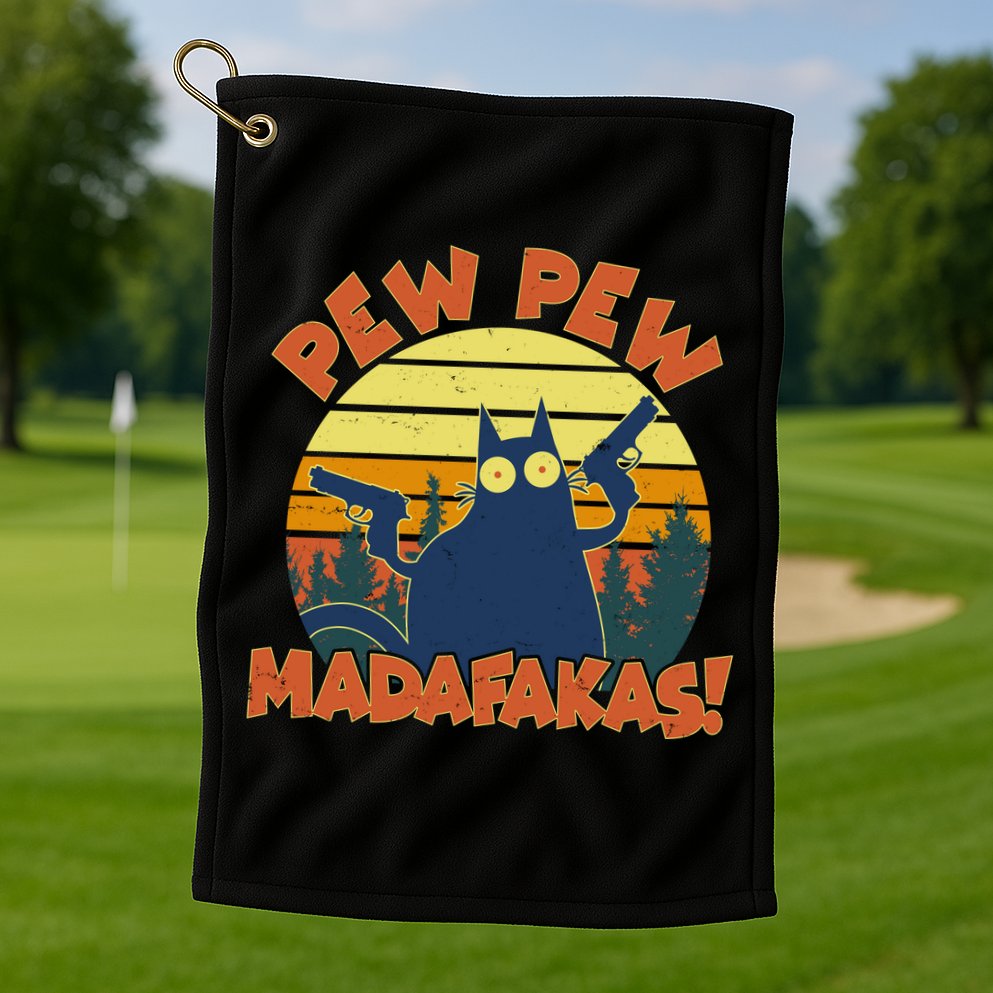 Funny Vintage Pew Pew Madafakas Gun Cat Golf Towel