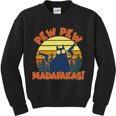 Funny Vintage Pew Pew Madafakas Gun Cat Kids Sweatshirt
