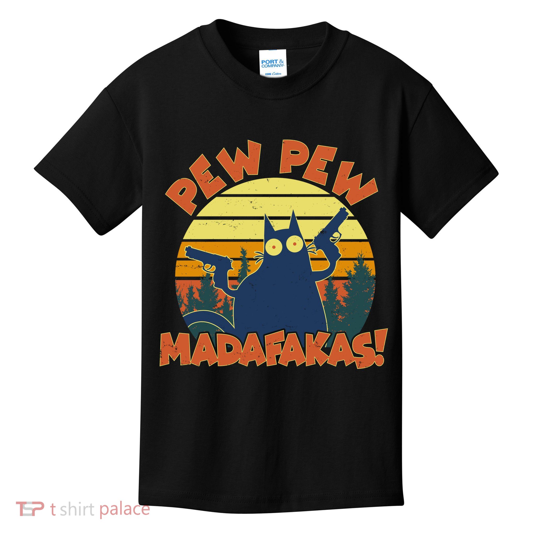 Funny Vintage Pew Pew Madafakas Gun Cat Kids T-Shirt