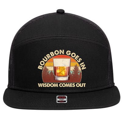 Funny Vintage Retro Bourbon Goes In Wisdom Comes Out 7 Panel Mesh Trucker Snapback Hat