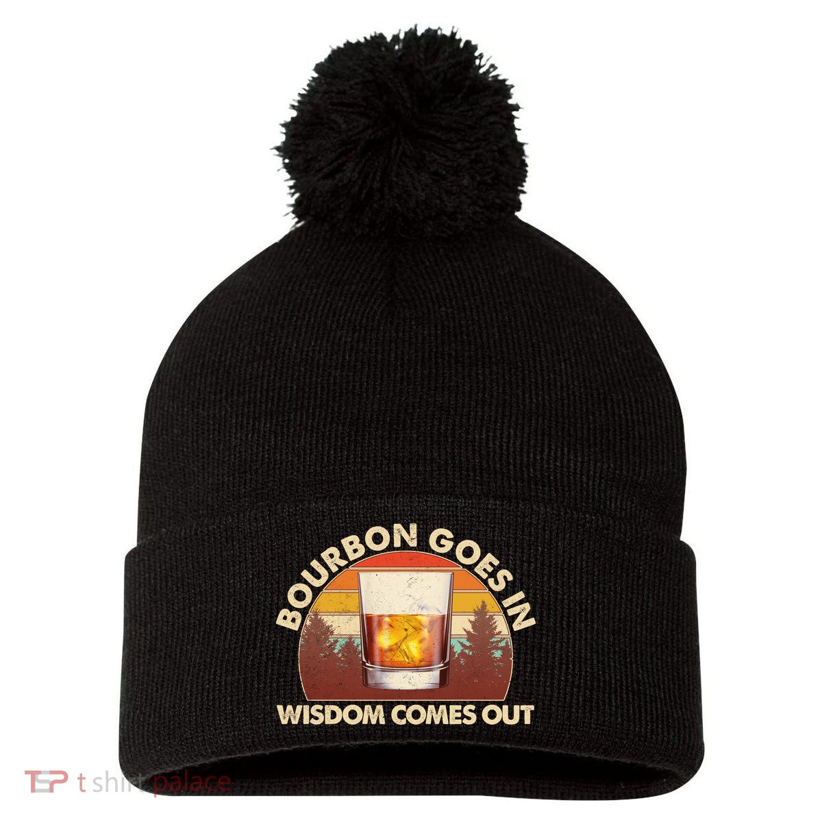Funny Vintage Retro Bourbon Goes In Wisdom Comes Out Pom Pom 12in Knit Beanie