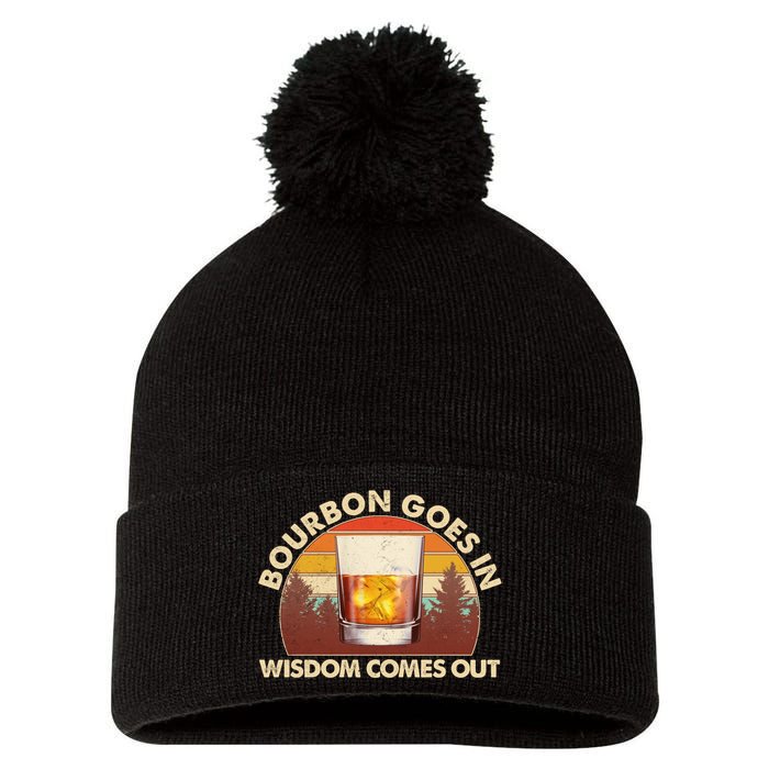 Funny Vintage Retro Bourbon Goes In Wisdom Comes Out Pom Pom 12in Knit Beanie