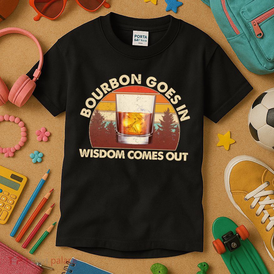 Funny Vintage Retro Bourbon Goes In Wisdom Comes Out Kids T-Shirt