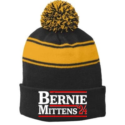 Funny Vote Bernie & Mittens 2024 Logo Stripe Pom Pom Beanie