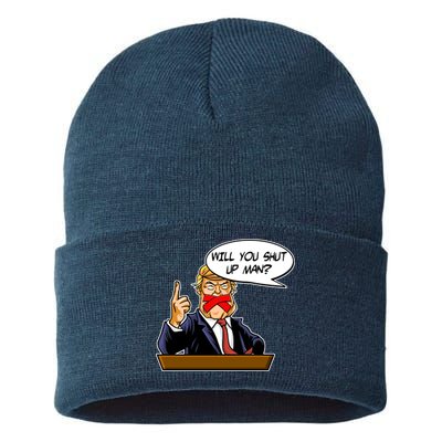 Funny Will You Shut Up Man Biden vs Trump Debate Comic Sustainable Knit Beanie