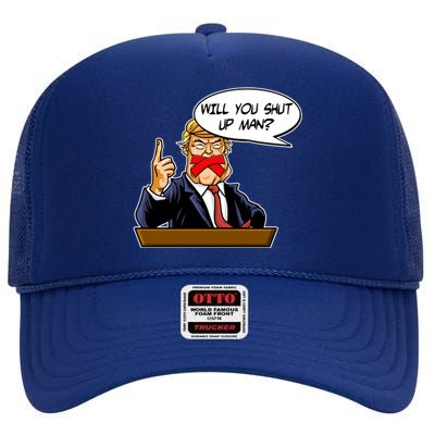 Funny Will You Shut Up Man Biden vs Trump Debate Comic High Crown Mesh Back Trucker Hat