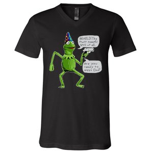 Funny Wizard Kermit Meme V-Neck T-Shirt