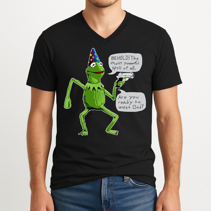 Funny Wizard Kermit Meme V-Neck T-Shirt