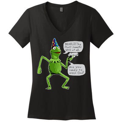 Funny Wizard Kermit Meme Women's V-Neck T-Shirt