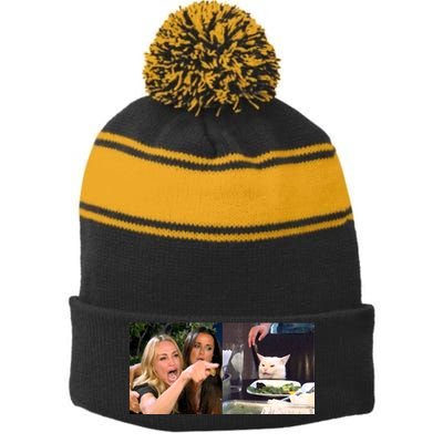 Funny Woman Yelling At Cat Meme  Stripe Pom Pom Beanie