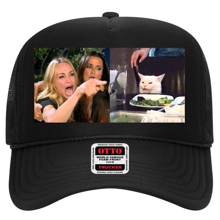 Funny Woman Yelling At Cat Meme  High Crown Mesh Back Trucker Hat