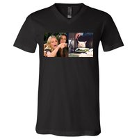 Funny Woman Yelling At Cat Meme  V-Neck T-Shirt