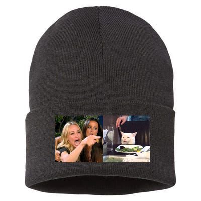 Funny Woman Yelling At Cat Meme  Sustainable Knit Beanie