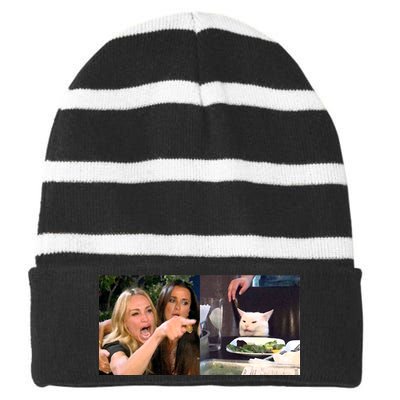 Funny Woman Yelling At Cat Meme  Striped Beanie with Solid Band