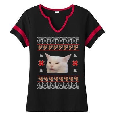 Funny Woman Yelling At Cat Meme Ugly Christmas Ladies Halftime Notch Neck Tee