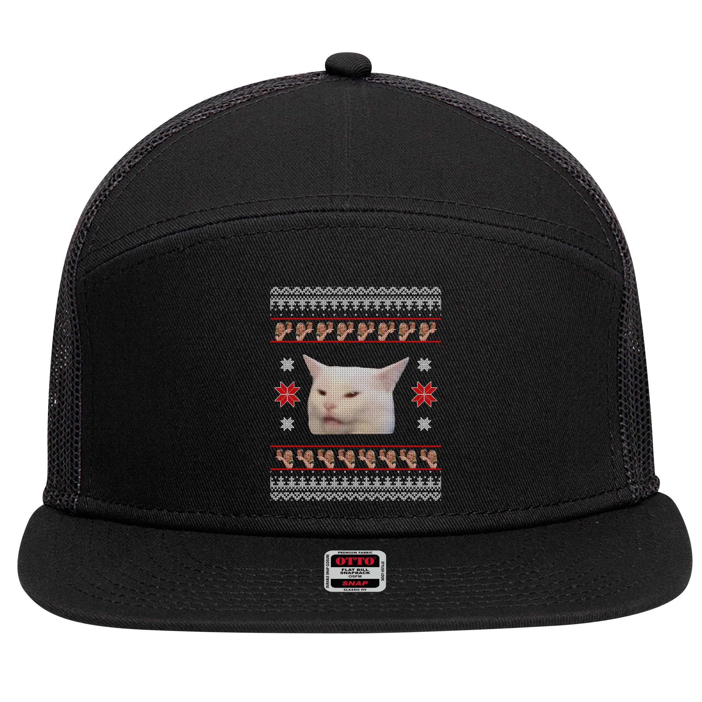 Funny Woman Yelling At Cat Meme Ugly Christmas 7 Panel Mesh Trucker Snapback Hat