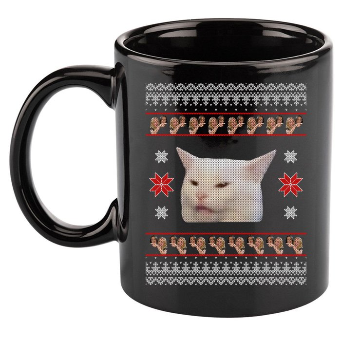 Funny Woman Yelling At Cat Meme Ugly Christmas 11oz C Handle Ceramic Mug