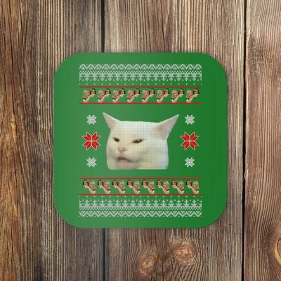 Funny Woman Yelling At Cat Meme Ugly Christmas Coaster