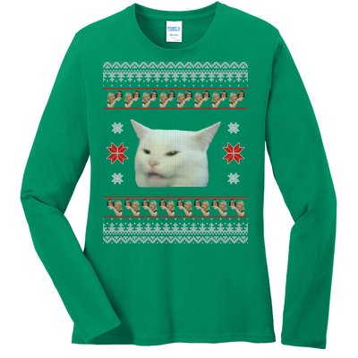 Funny Woman Yelling At Cat Meme Ugly Christmas Ladies Long Sleeve Shirt