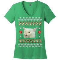 Funny Woman Yelling At Cat Meme Ugly Christmas Women's V-Neck T-Shirt