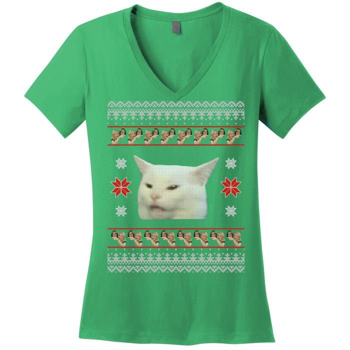 Funny Woman Yelling At Cat Meme Ugly Christmas Women's V-Neck T-Shirt